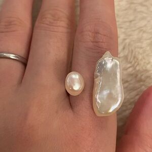 AAAA baroque keshi double pearl open ring Sterling silver